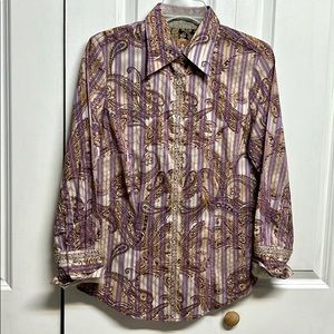 Robert Graham Tan Purple Paisley Print Long Sleeve Collar Vintage Top Size S